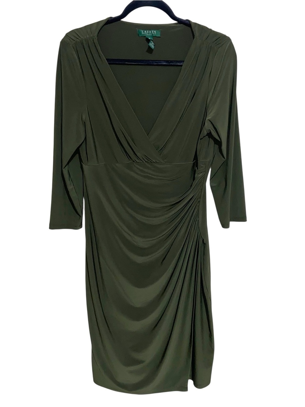 Lauren Ralph Lauren Dress Womens 12 Olive Green Ruched Faux Wrap Vintage Career
